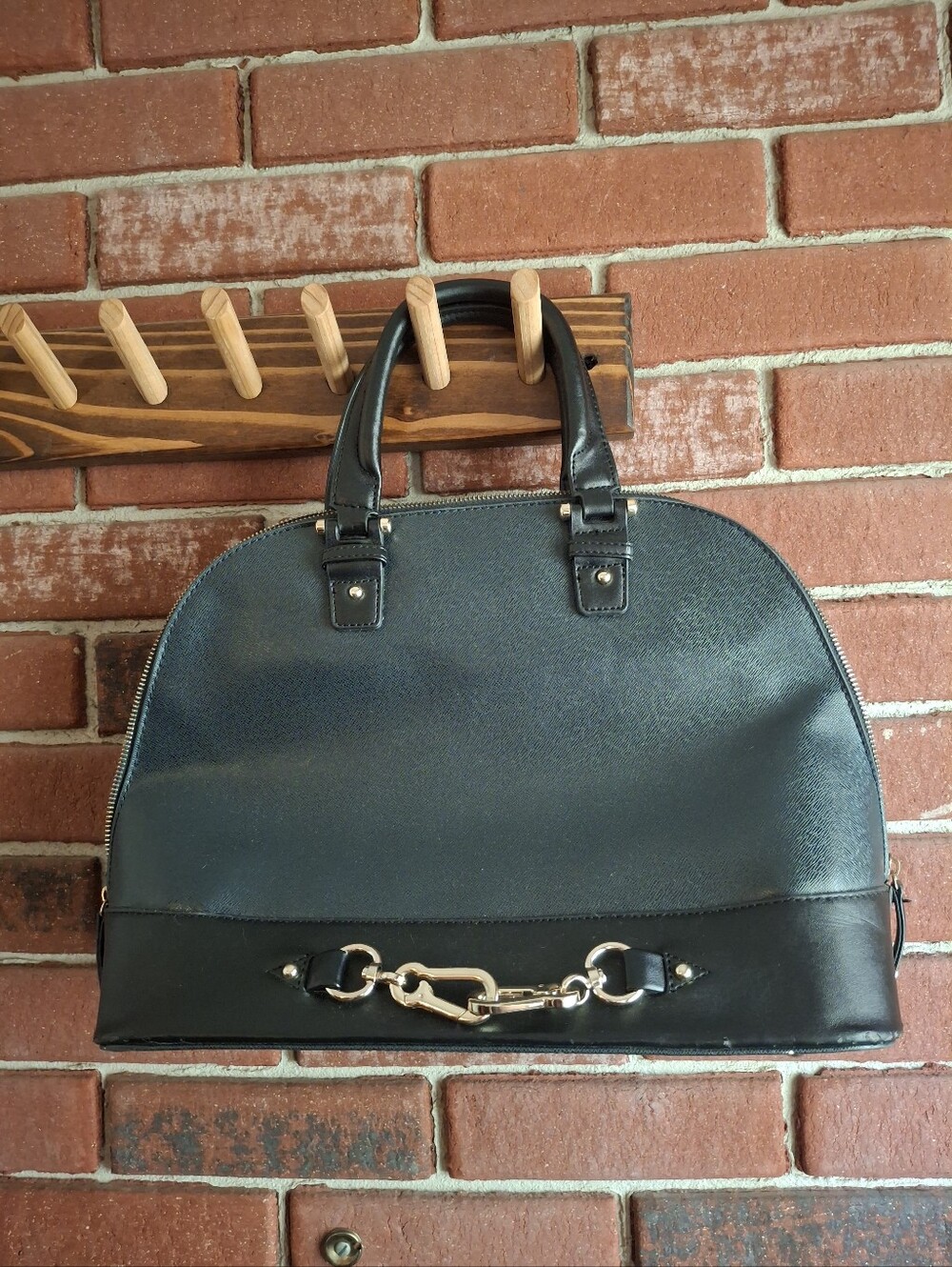 Black Women's Dome Satchel Handbag with Gold Hardware